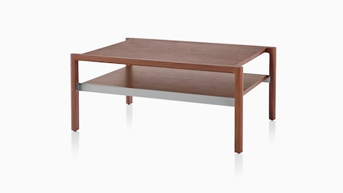 An angled view of a rectangular Brabo occasional table with two tiers in a medium finish. 