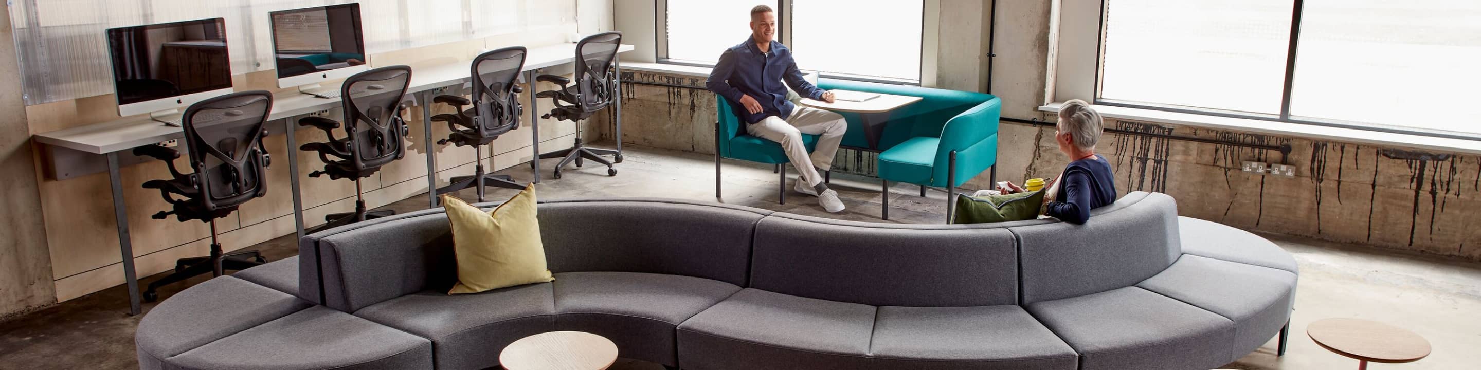 Reception area of Symbol Modular Seating with 2 Lasso stools and 2 Pullman Chairs.