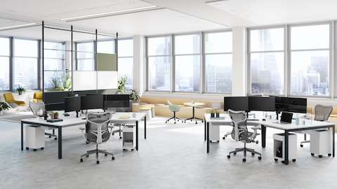 Byne System with 120-degree tables and Layout legs, Ambit Storage and ergonomic Mirra 2 Chairs.