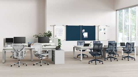 Byne System in 4- and 6-seat clusters with Arras legs, next to Aeron Chairs, Cosm Chairs, and CK Storage.