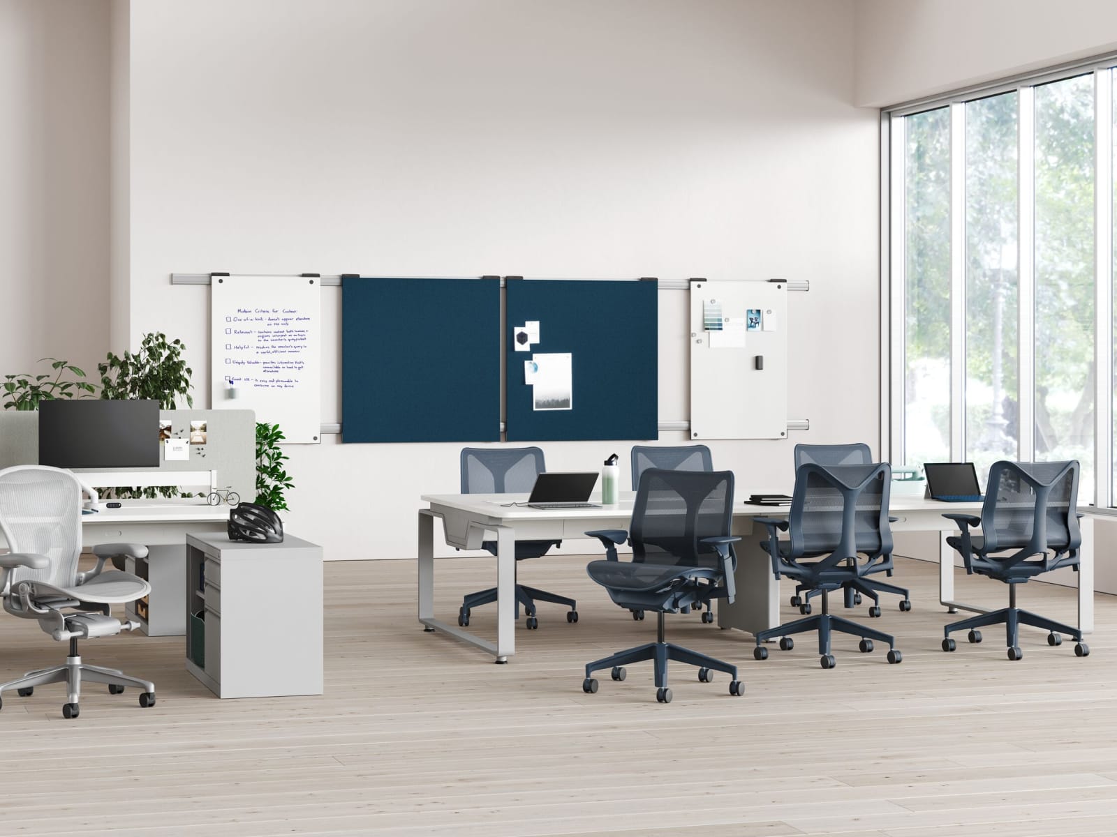 Byne System in 4- and 6-seat clusters with Arras legs, next to Aeron Chairs, Cosm Chairs and CK Storage.