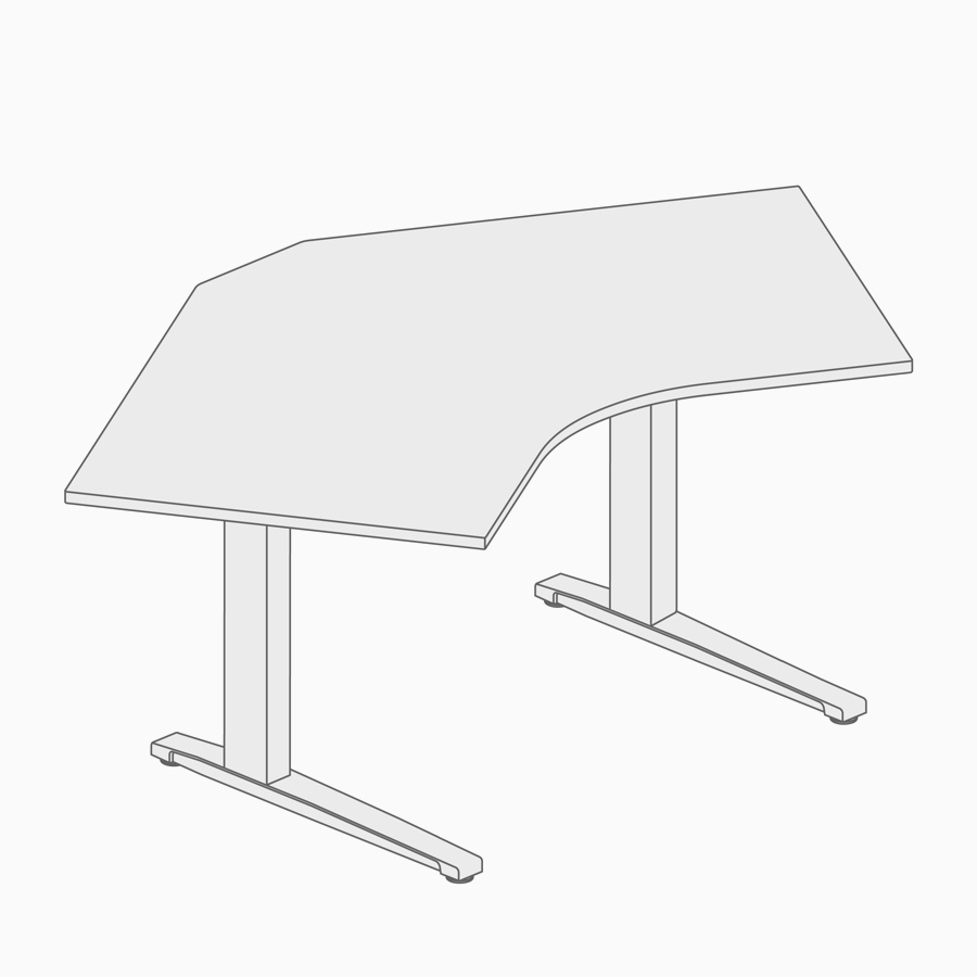 A line drawing of a 120 degree height-adjustable desk.