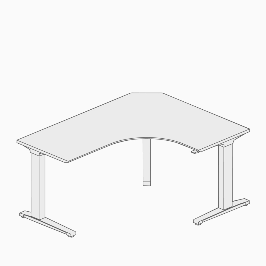A line drawing of a 90 degree height-adjustable desk.