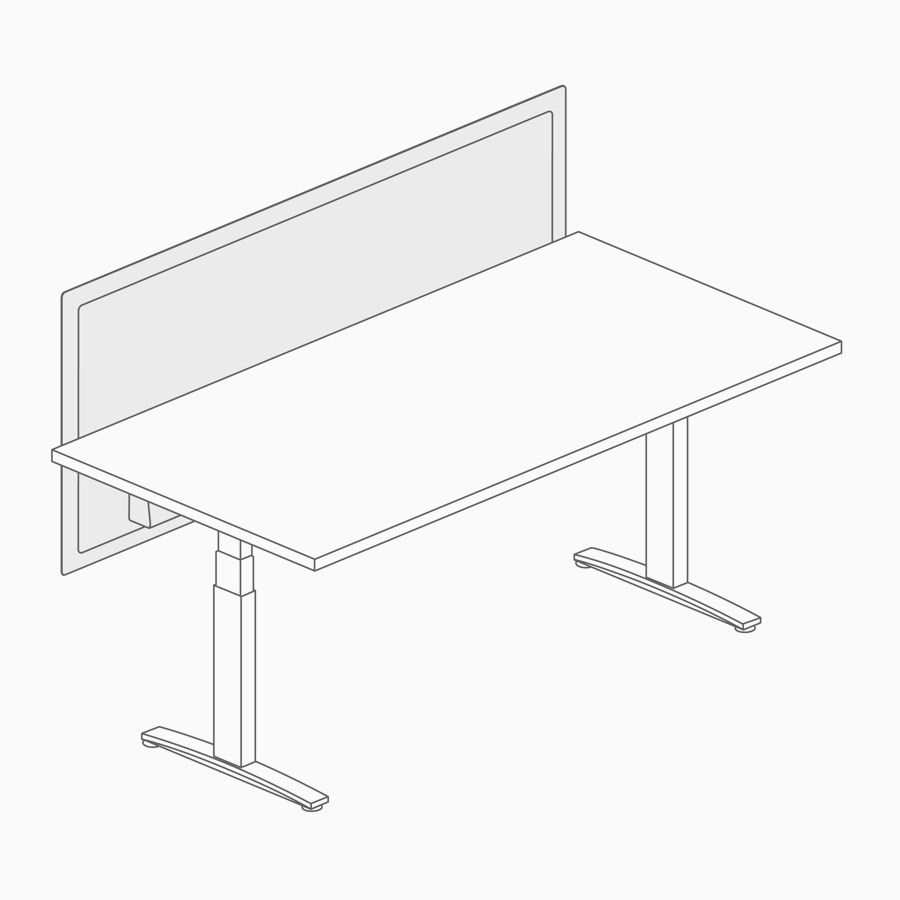 A line drawing of a sit-to-stand table with a surface attached screen.