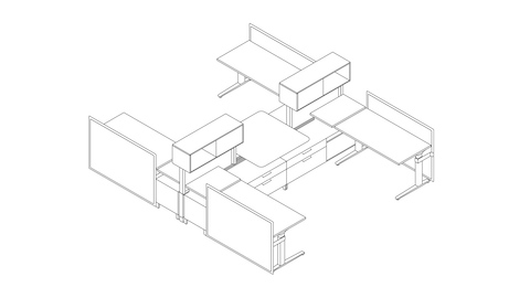 Desenho de uma estação de trabalho Canvas Dock com telas e armário no alto. Selecione para ir à página de detalhes desta configuração.