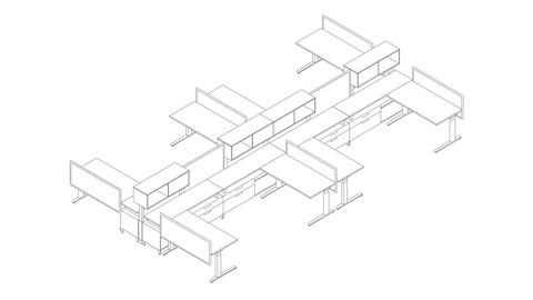 Un dibujo lineal de una estación de trabajo Canvas Dock para ocho personas con pantallas y almacenamiento superior. Seleccione para ir a la página de detalles de esta configuración.