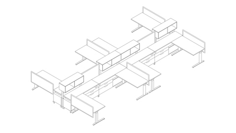 A line drawing of an eight-person Canvas Dock workstation with screens and upper storage. Select to go to this setting's detail page.