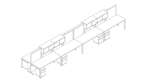 Un dibujo lineal de una estación de trabajo Canvas Dock para ocho personas con pantallas y almacenamiento superior. Seleccione para ir a la página de detalles de esta configuración.