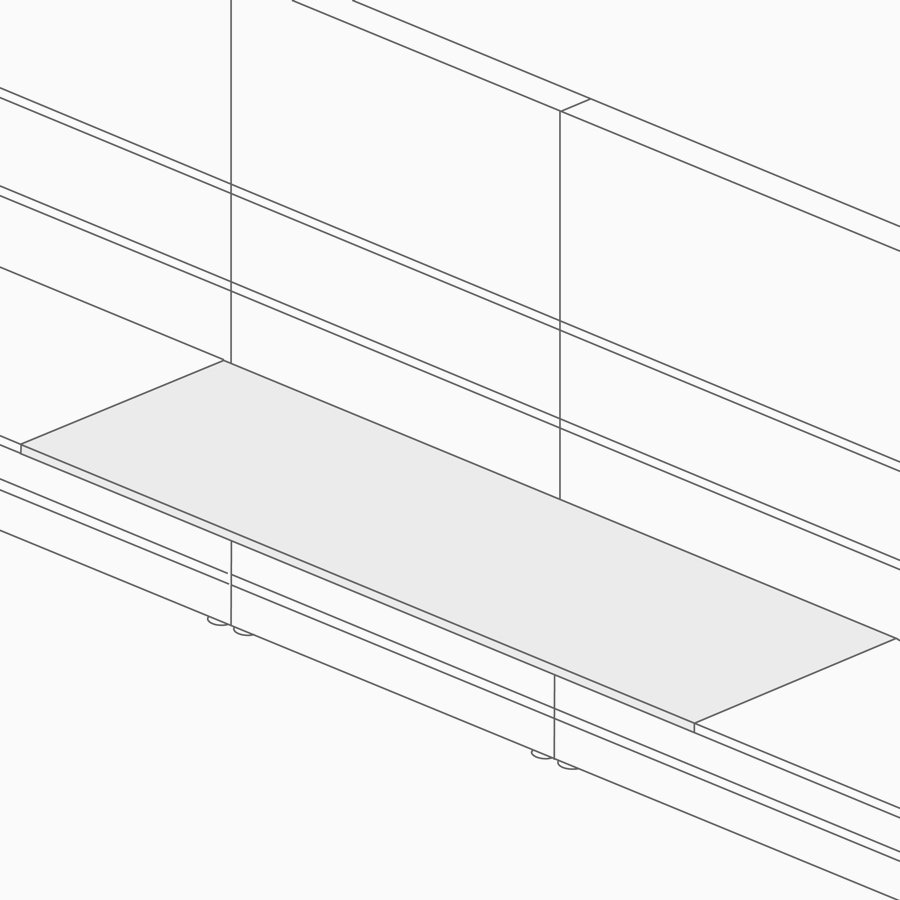 Un dibujo lineal de una superficie rectangular incorporada a una pared y sostenida por el almacenamiento.
