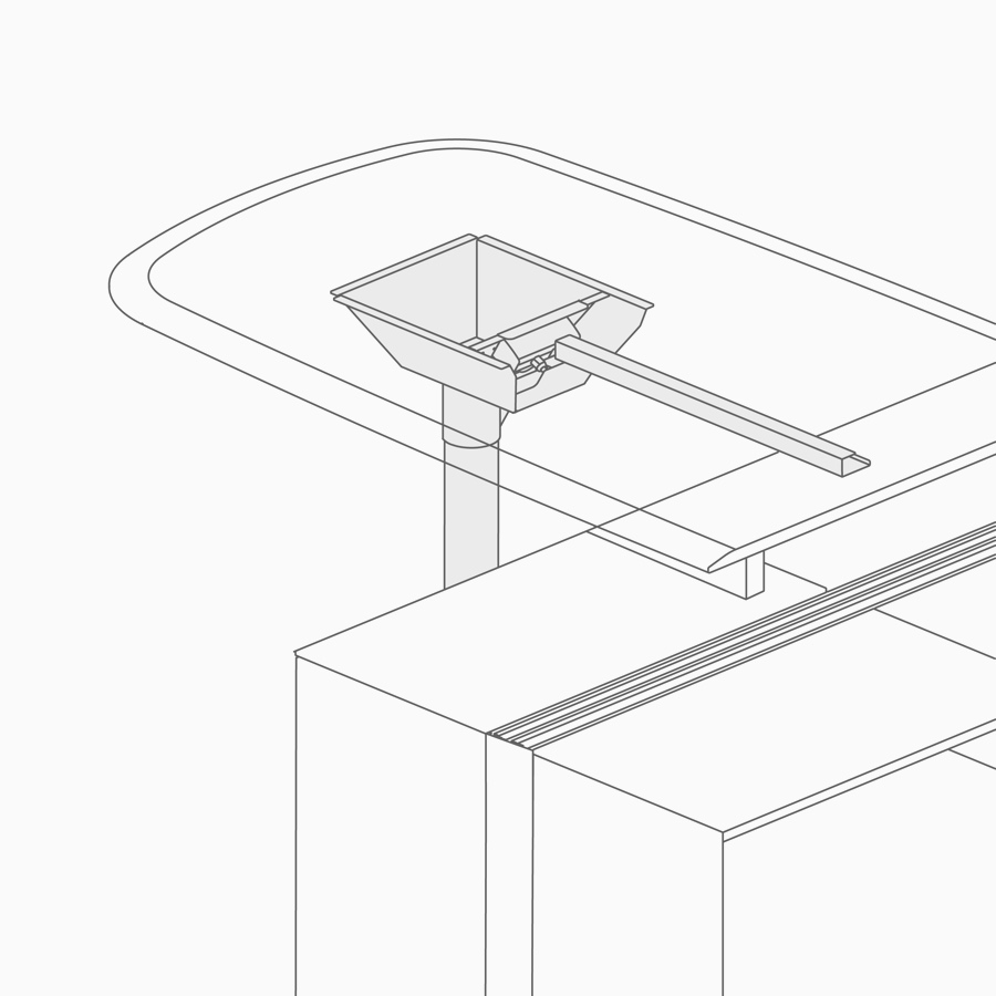 Un dibujo lineal de una superficie de península sujetable a la plataforma o al almacenamiento inferior.