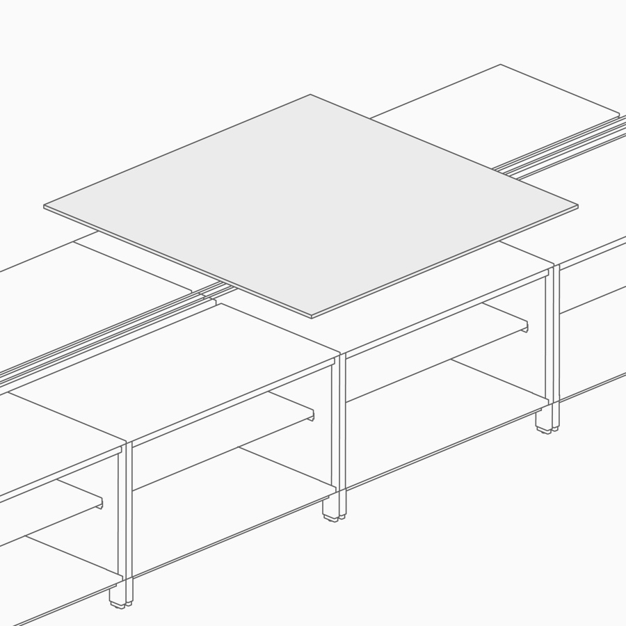A line drawing of a work surface supported by storage.