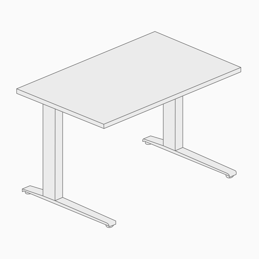 Un dibujo lineal de una mesa ergonómica, de altura ajustable.