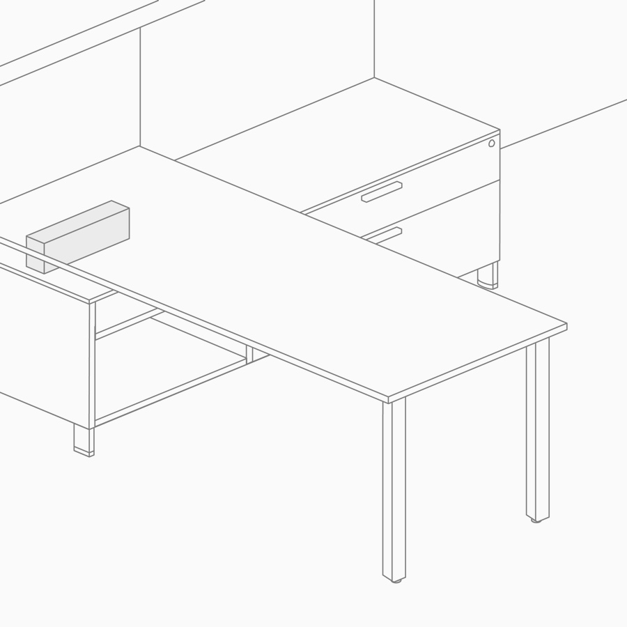 Un dibujo lineal de un puntal que soporta una superficie de trabajo en la parte superior del almacenamiento inferior.