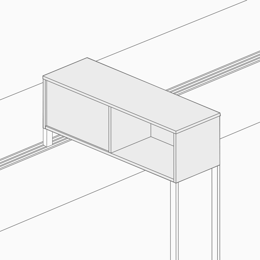 Desenho de um armário no alto, posicionado perpendicular a uma divisória.