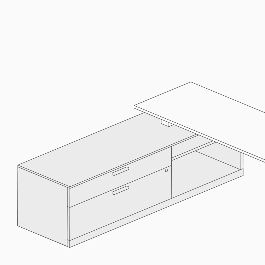 A line drawing of lower storage supporting a work surface.