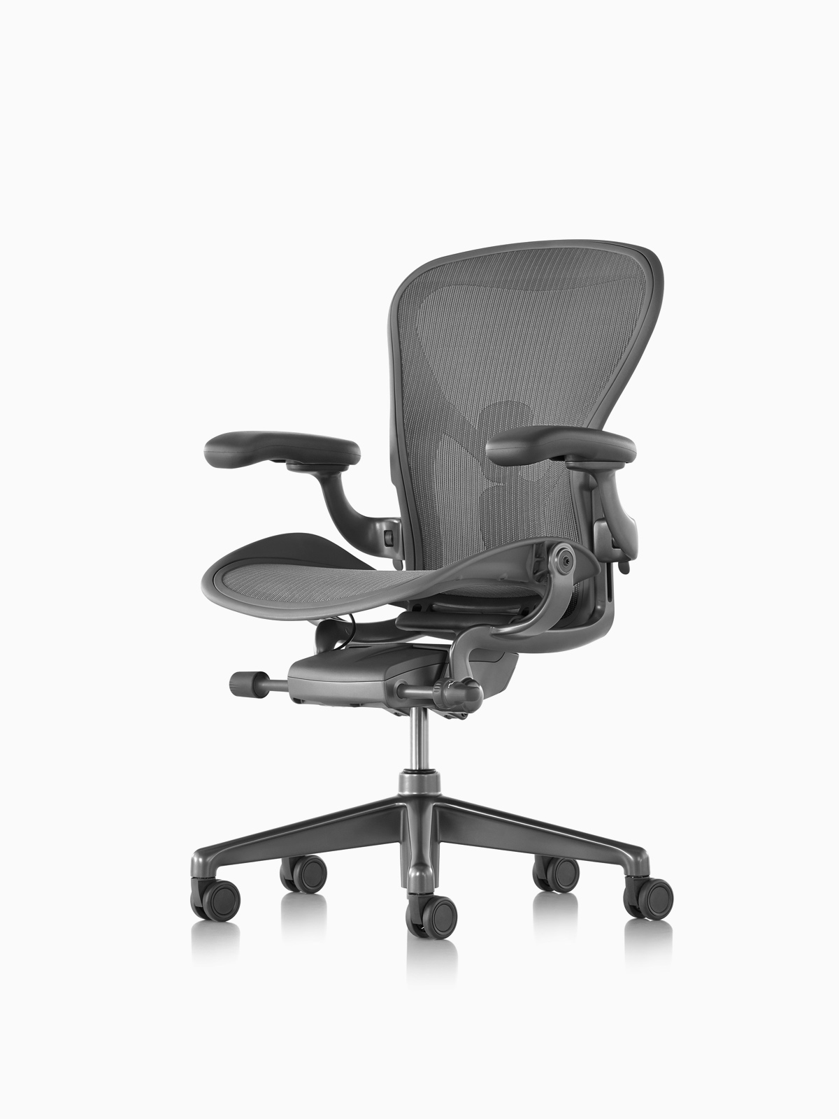 Medium Size B with Graphite / Polished Aluminum Finish and Carpet Casters Herman Miller Aeron Ergonomic Office Chair with Tilt Limiter and Seat Angle Adjustable PostureFit SL Arms 