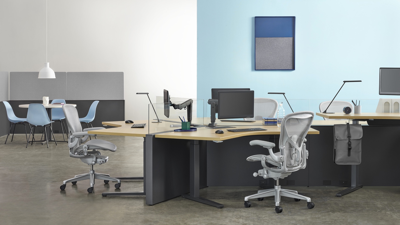 A Canvas Channel workstation with 120-degree configuration, Renew standing desks, and light gray Aeron office chairs with a collaborative space in the background. Select to go to the Shared Workspaces page within the Canvas Lookbook. 