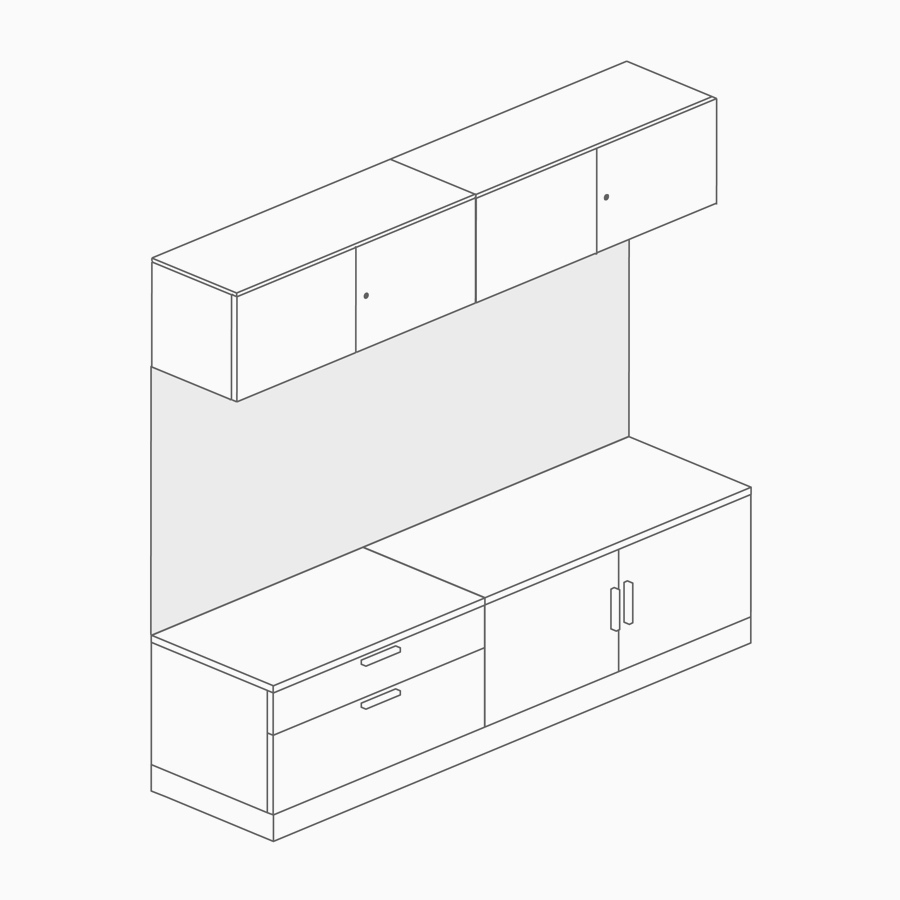 Un dibujo lineal de un panel trasero que conecta el almacenamiento superior con el almacenamiento inferior.