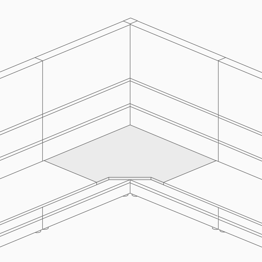 Un dibujo lineal de una superficie angular incorporada a una pared y sostenida por el almacenamiento.