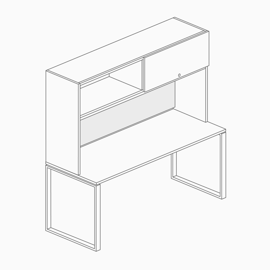 A line drawing of a tackboard fabric panel in between a work surface and overhead storage.
