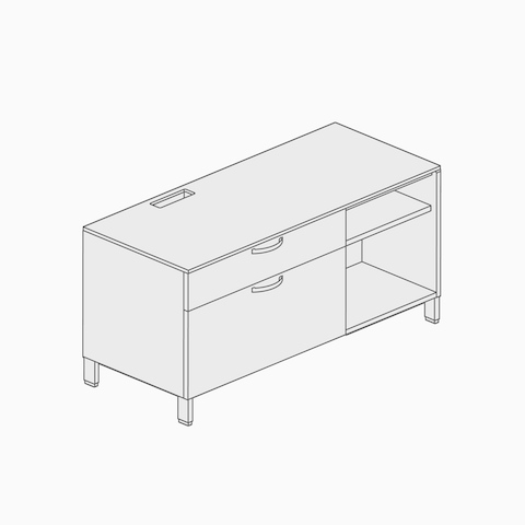 A line drawing of a powered credenza.