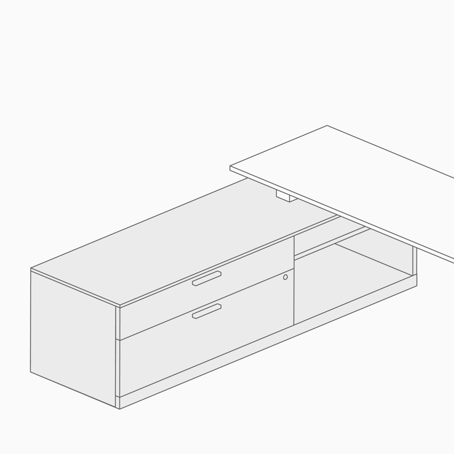 Un dibujo lineal de una credenza baja.