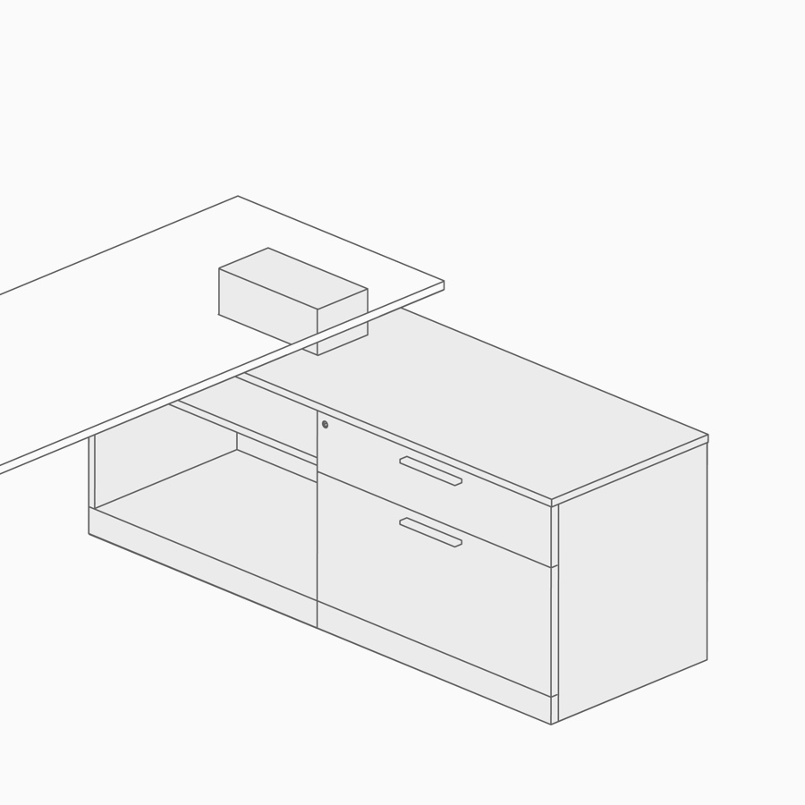 A line drawing of low credenza power access.