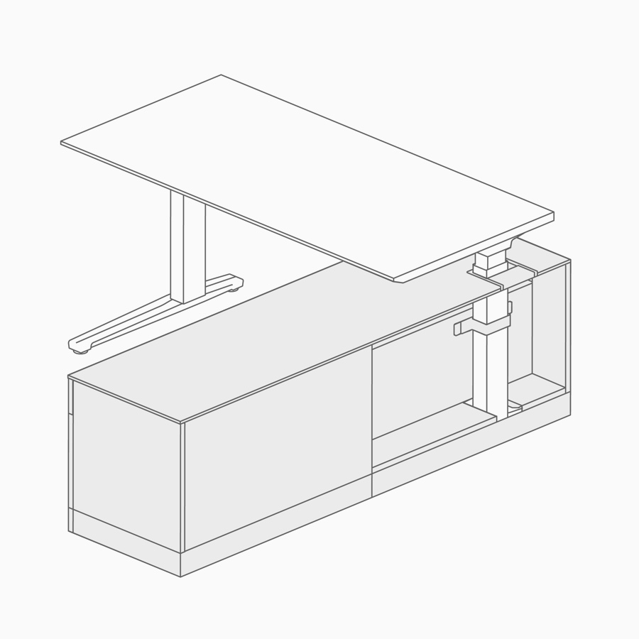 Desenho de uma mesa com ajuste de altura integrada ao armário inferior.