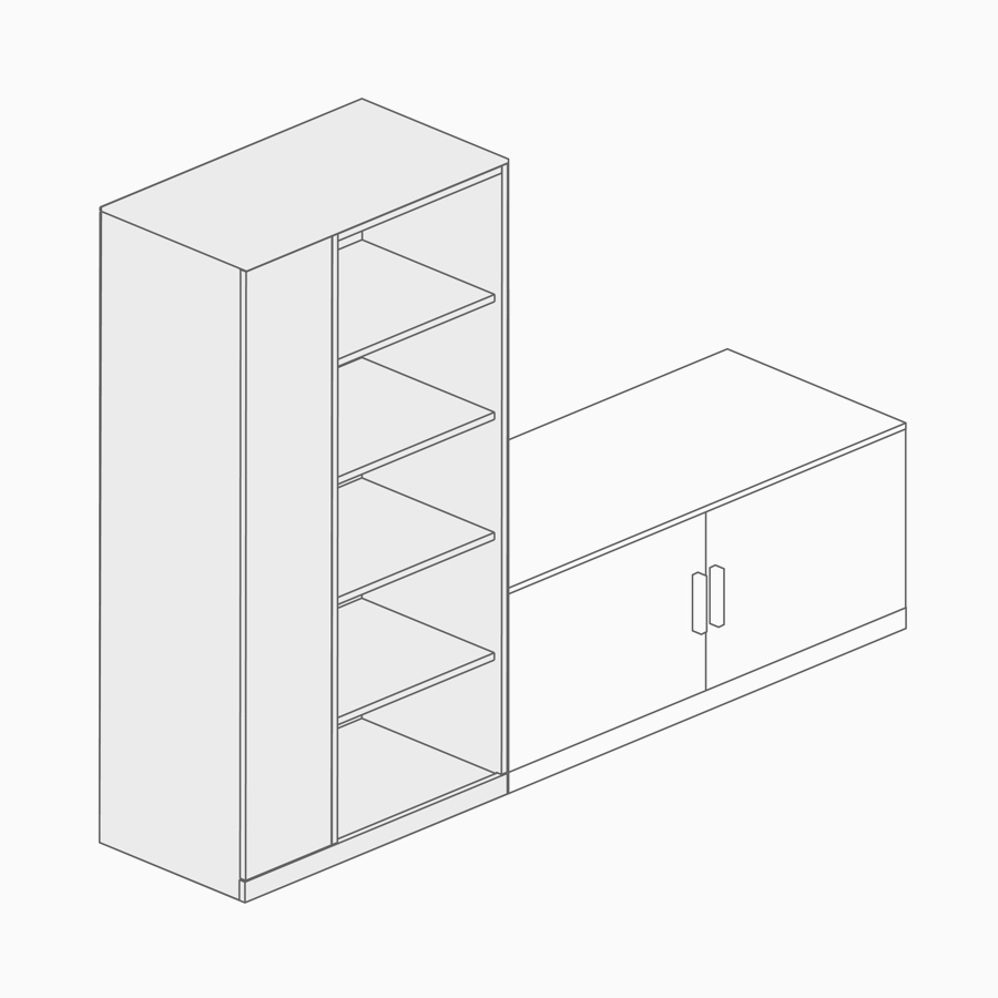 A line drawing of an open storage tower paired with lower storage.