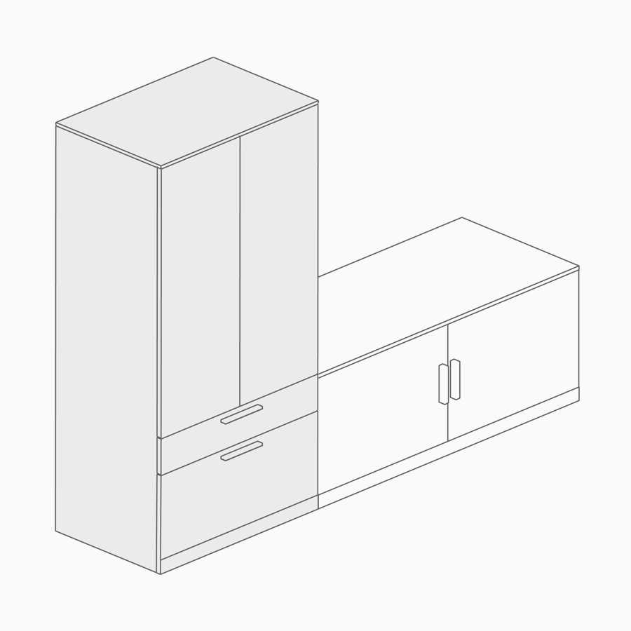 Un dibujo lineal de un archivador en torre expuesto complementado con almacenamiento inferior expuesto.