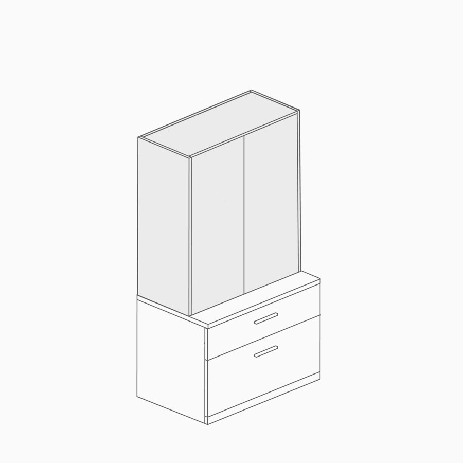 A line drawing of a fully enclosed hutch on top of lower storage.