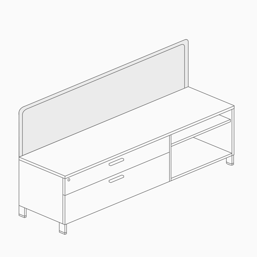 Un dibujo lineal de una pantalla incorporada a un almacenamiento de credenza inferior.