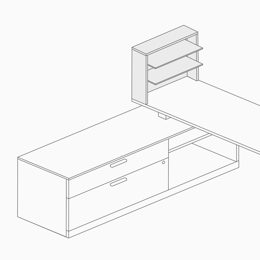 A line drawing of desk shelving on top of a low credenza.