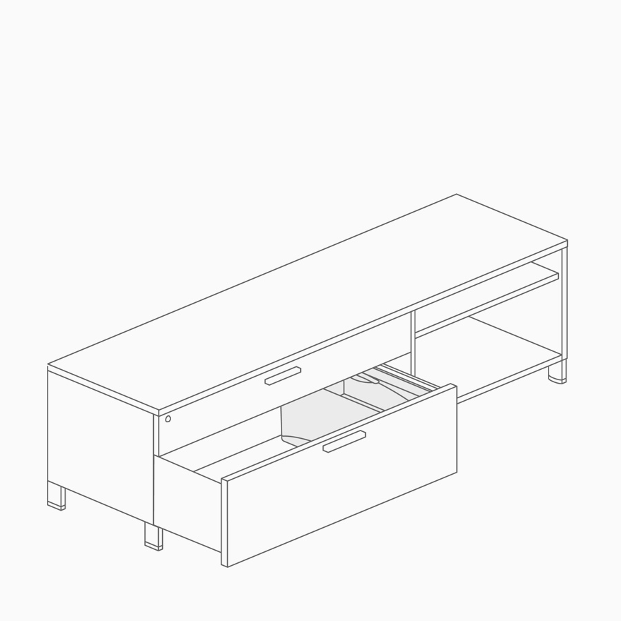 A line drawing of a drawer organizer inside a low credenza.