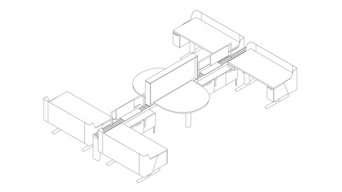 Un dibujo lineal de 4 estaciones de trabajo Canvas Vista con espacio de colaboración central.