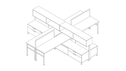 Desenho de uma estação de trabalho Canvas Wall para quatro pessoas com armários no alto e inferiores. Selecione para ir à página de detalhes desta configuração.