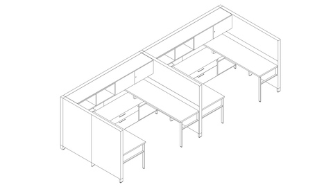 Desenho de uma estação de trabalho Canvas Wall com divisórios altas e armário no alto. Selecione para ir à página de detalhes desta configuração.