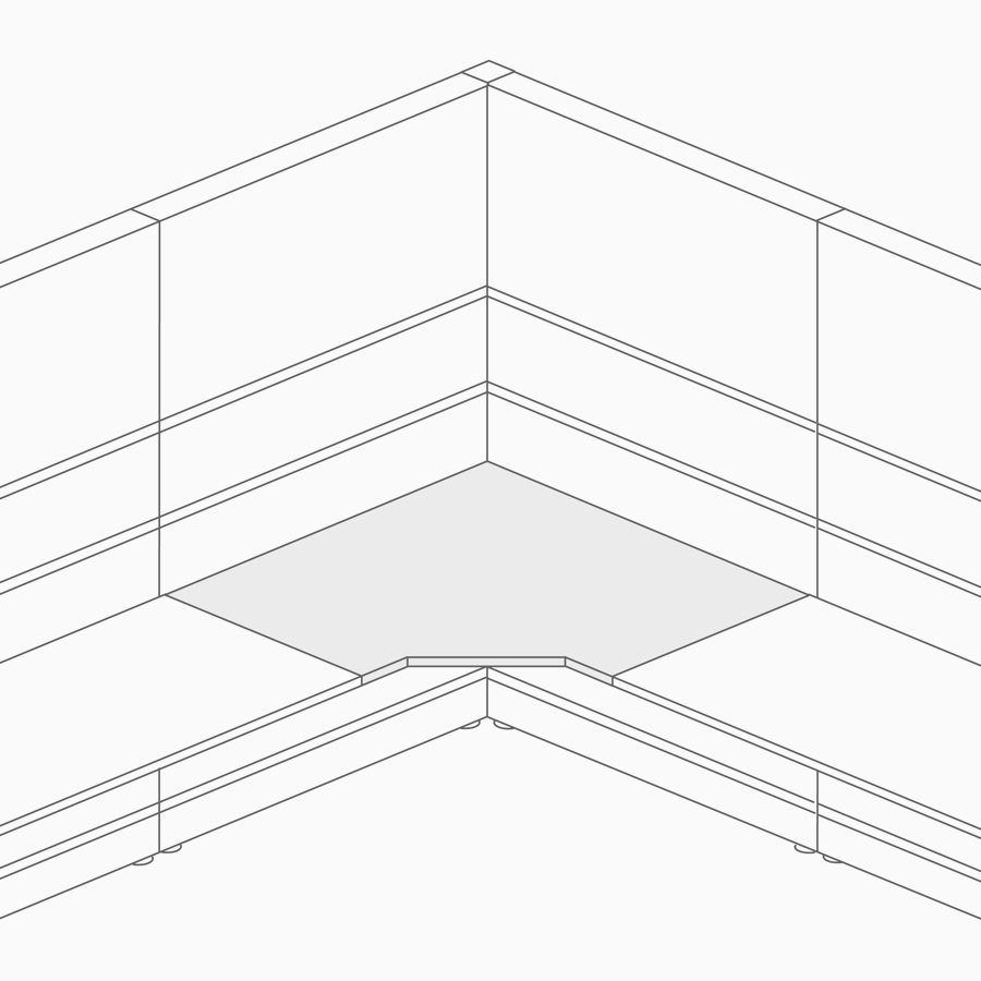 A line drawing of a corner surface attached to a wall and supported by storage.