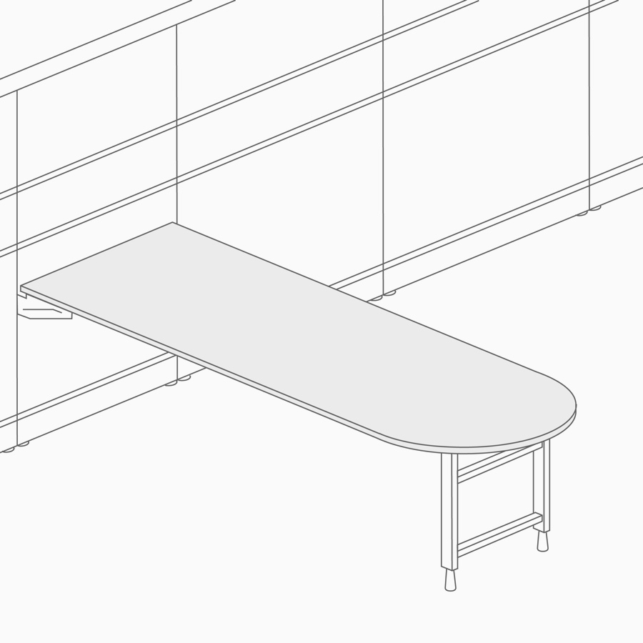 A line drawing of a peninsula surface attached to a wall.