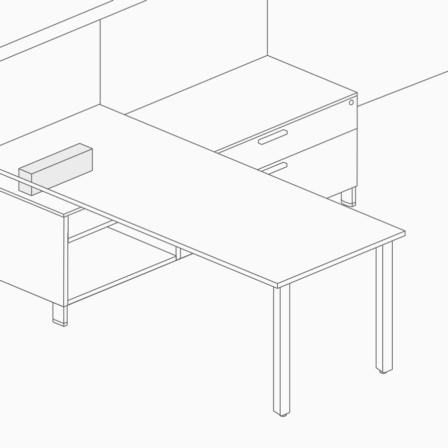 Un dibujo lineal de un puntal que soporta una superficie de trabajo en la parte superior del almacenamiento inferior.