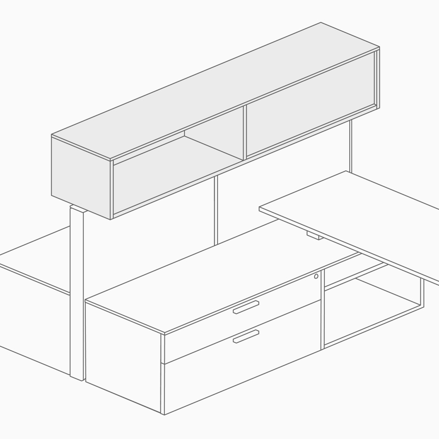 Un dibujo lineal de almacenamiento superior sobre una superficie de trabajo y almacenamiento inferior.