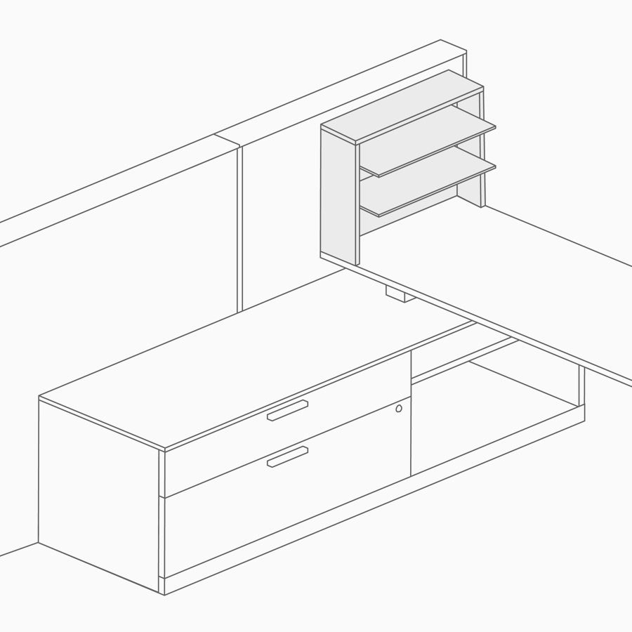 Un dibujo lineal de estantes de aluminio incorporados a la parte superior de una superficie de trabajo.