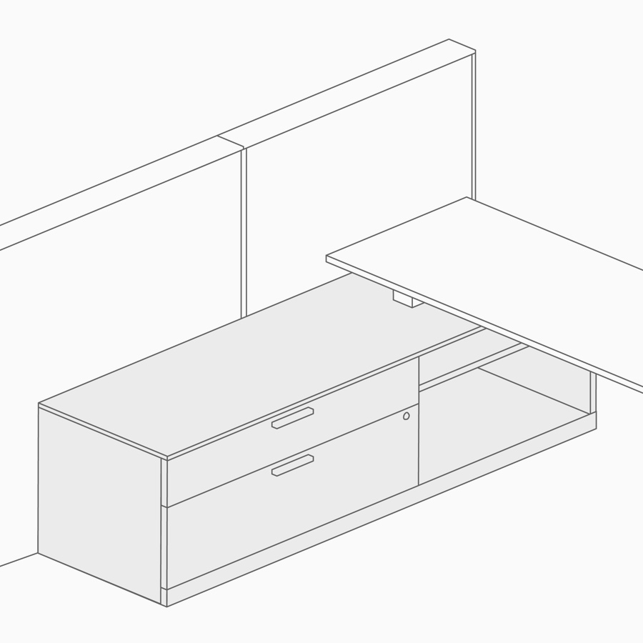 A line drawing of lower storage supporting a work surface.