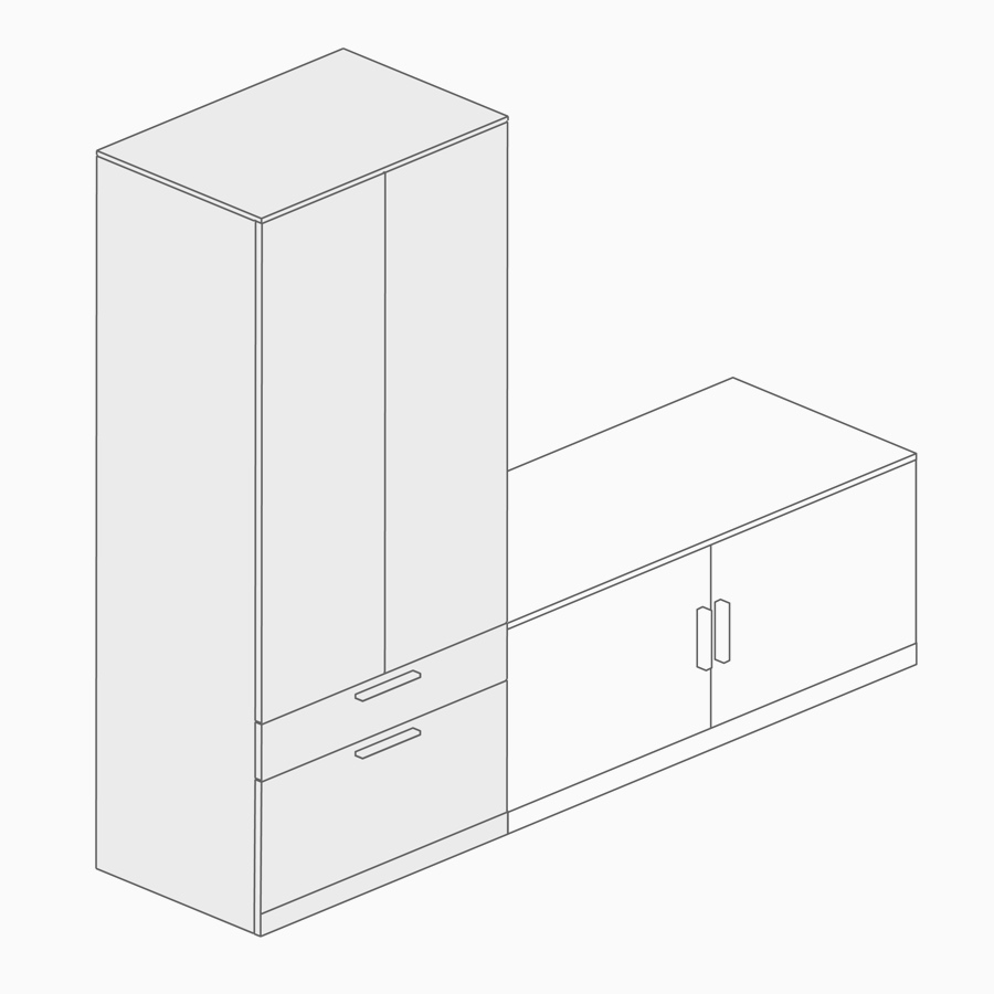A line drawing of a freestanding storage tower and lower credenza.