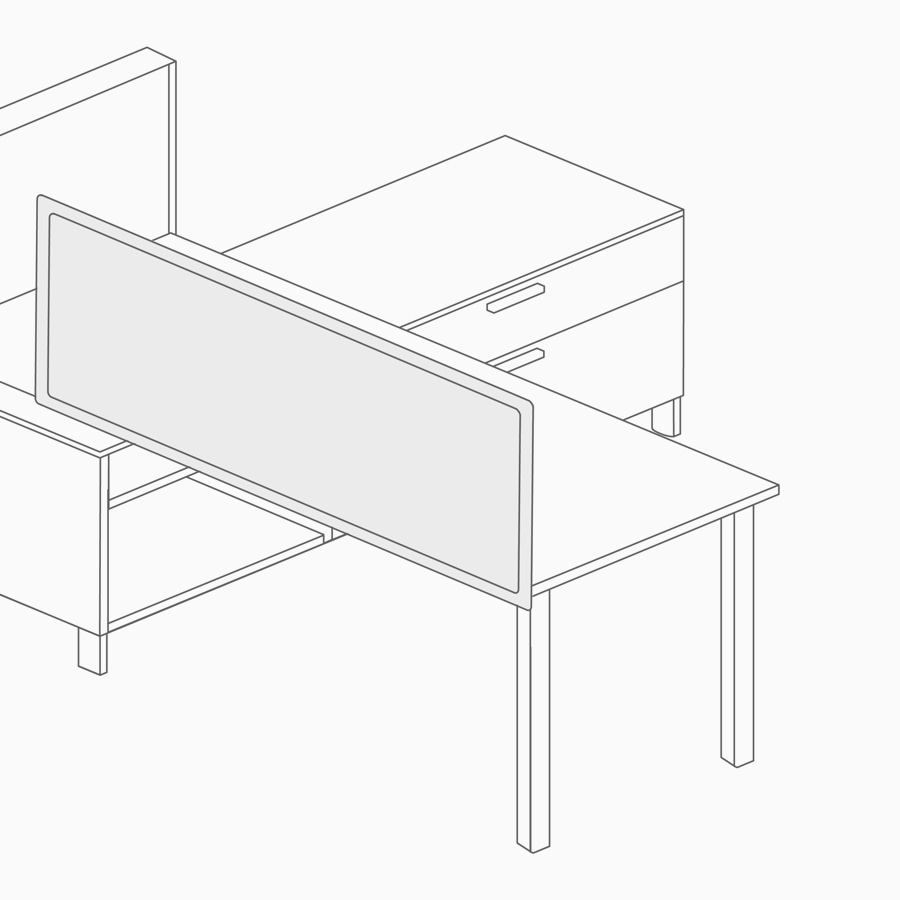 Un dibujo lineal de una pantalla límite incorporada a una superficie de trabajo.