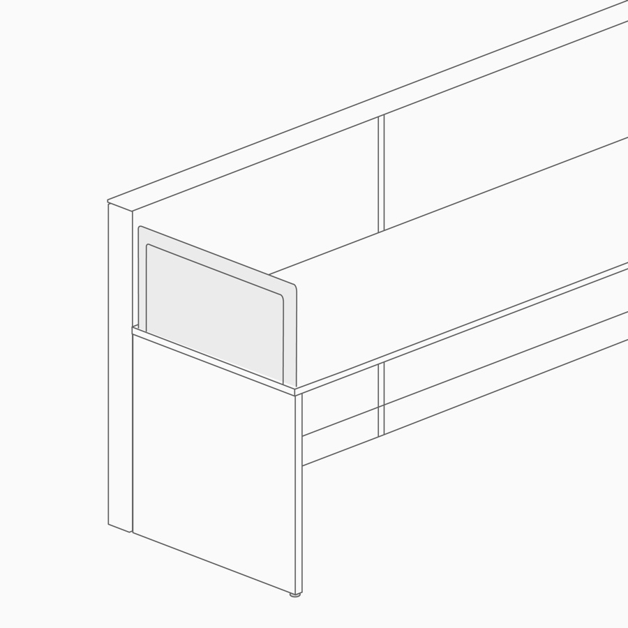 A line drawing of a dividing screen that attaches to work surfaces to separate employees.