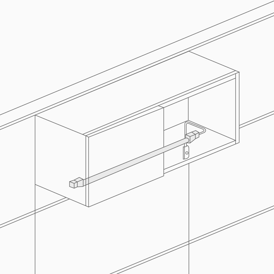 Un dibujo lineal de iluminación debajo del gabinete por debajo del almacenamiento superior.