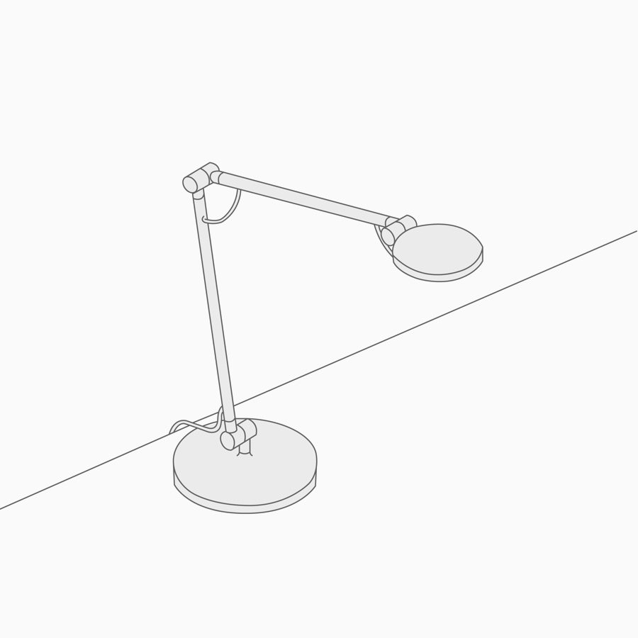 Un dibujo lineal de una lámpara para escritorio sobre una superficie de trabajo.