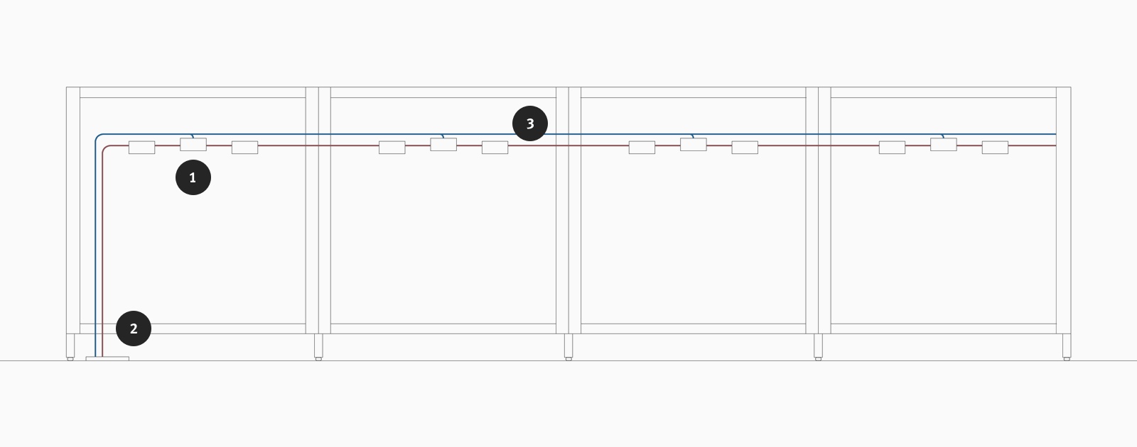 Un dibujo lineal del enrutamiento de datos y energía a través de Canvas Wall.