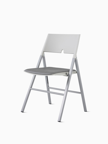 Angled front view of an Axa Folding Chair with a non-upholstered back and an upholstered seat in gray and silver metal frame and legs.